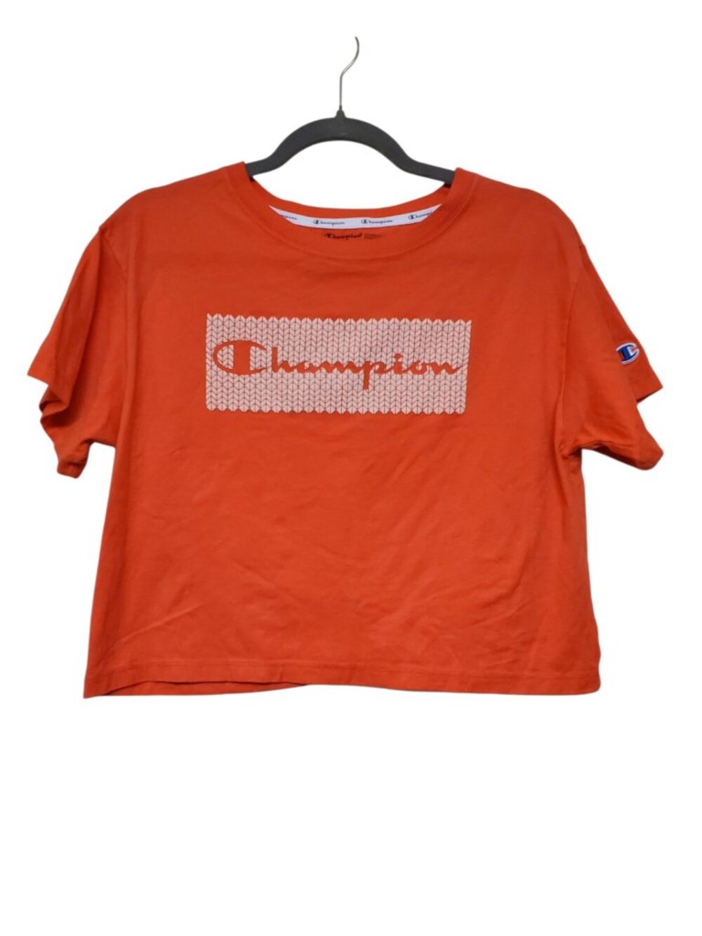 Champion Women's Orange Spell Out Cropped Graphic Short Sleeve Tee Size S